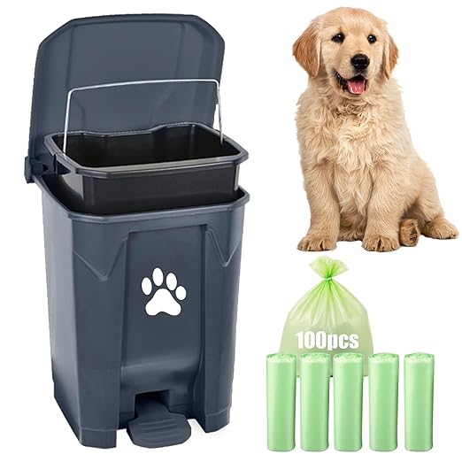 Dog Poop Trash Can for Outdoors, Dog Waste Trash Can for Yard Garden Home with Lid Removable Inner Bin, 100PCS Green Waste Bag, Grey Fully Assembled