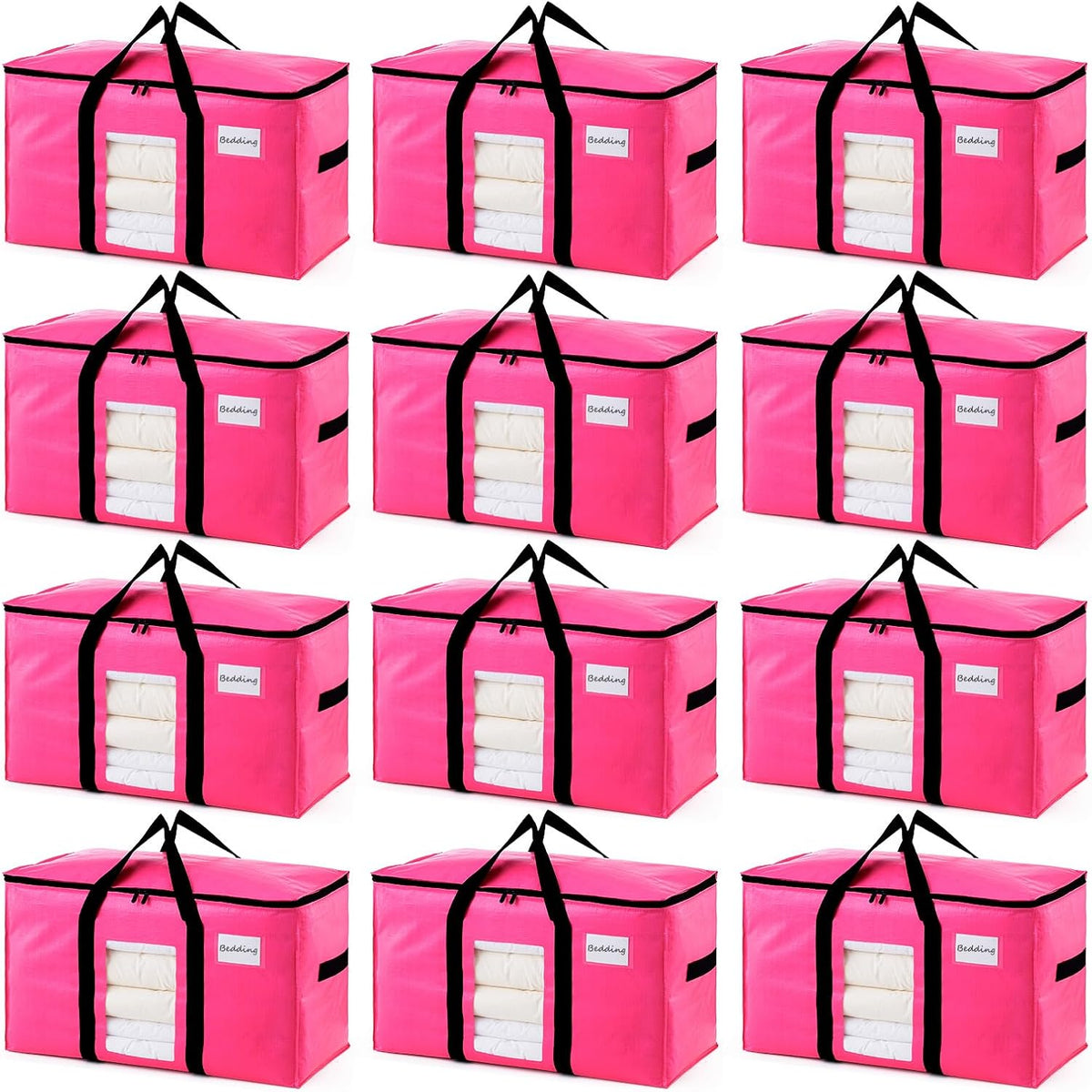 TAILI 12 Pack Pink Extra Large Moving Bags, Heavy Duty Totes with Visible Window, Wrap Around Handles, Space-Saving Storage Solution, Alternative to Moving Boxes