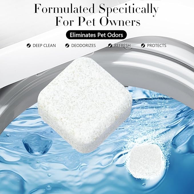 Washing Machine Cleaner Tablets 24 Pack, Formulated for Pet Owners, Deodorizer, Work with Top & Front Load, HE, Deep Cleaning Descaler, Removes Residue and Odors, Septic Safe