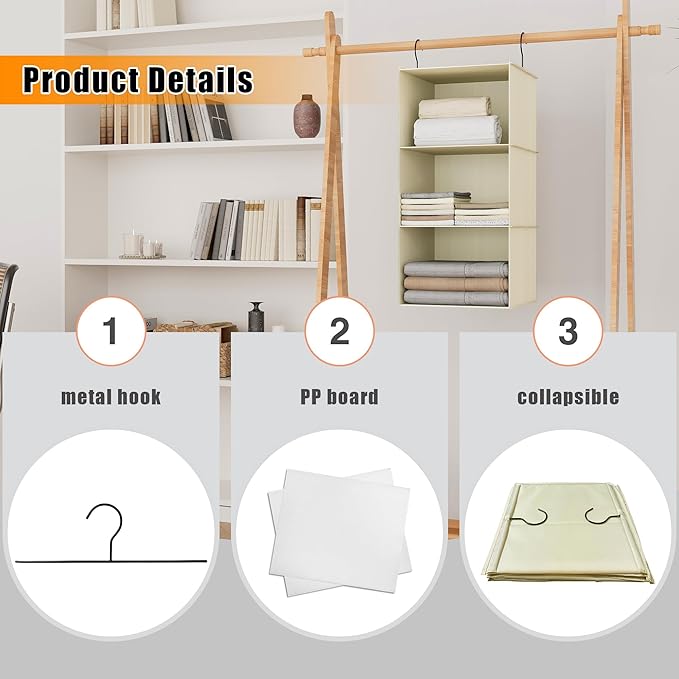 Hanging Closet Organizer and Storage 3-Shelf, Easy Mount Foldable Hanging Closet Wardrobe Storage Shelves, Clothes Handbag Shoes Accessories Storage, Washable Oxford Cloth Fabric, Beige
