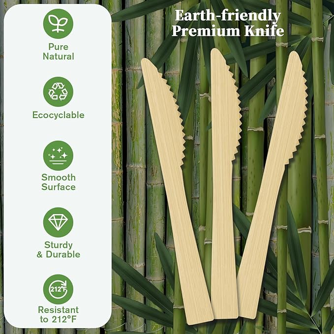 ECOLipak 300 Count Disposable Bamboo Knives, 6.7 Inch Bamboo Compostable Disposable Knives for Party, Wedding, Camping, Traveling, Family Dinners, Large Events
