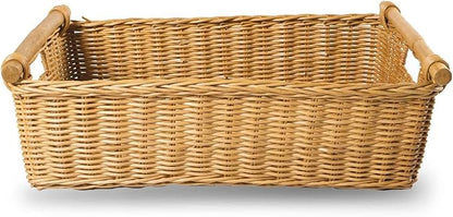 The Basket Lady Low Pole Handle Wicker Storage Basket, Large, 19.5 in L x 12.5 in W x 6 in H, Sandstone