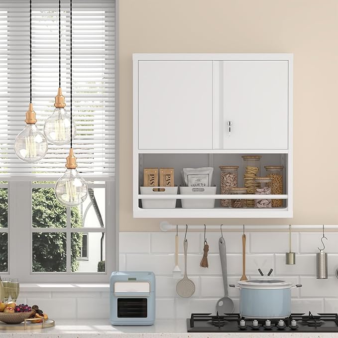 Metal Wall Storage Cabinet, Steel Storage Cabinets with Locking Doors and Shelves, Hanging Cabinet with Guard Bar, Ideal for Kitchen, Laundry, Home Office