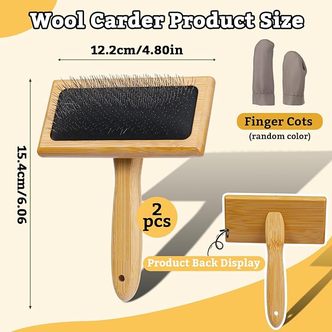 2 Pcs Large Wooden Wool Carders, Needle Felting Carding Brushes Tools with Finger Cots, Wool Needle Felting Brushes for Wool Felting, Spinning Crafts, Pet Grooming