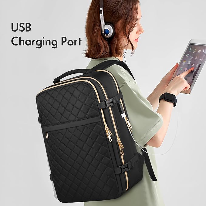 MOMUVO Large Travel Backpack Women, Flight Approved Carry On Backpack, Water Resistant Anti-Theft Casual Daypack School Bag Fit 17 Inch Laptop with USB Charging Port, Black