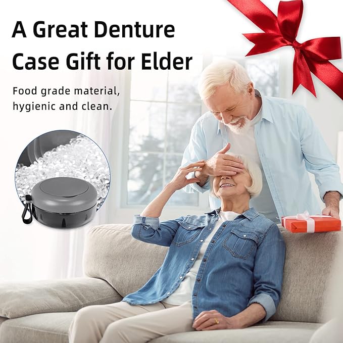 Leak Proof Denture Cup Kit Portable Retainer Case Perfect for Travel, Denture Case Container Cleaning Care for Dentures Aligner Mouth Guard with Denture Brush,Strainer, Removal Tool and Mirror