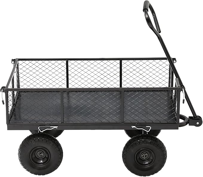Garden Wagon Cart Heavy Duty 880 LBS Steel Utility Cart with All-Terrains 3.50-4" Solid Wheels 10" Tires, 180° Rotating Handle, Removable Sides, Laser-Welded Frame & Multi-Surface