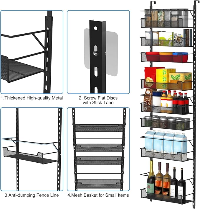 Over the Door Pantry Organizer, 8-Tier Over the Door Organizer with Adjustable Basket, Pantry Door Organization for Pantry Kitchen Storage Room Spice Rack, Black