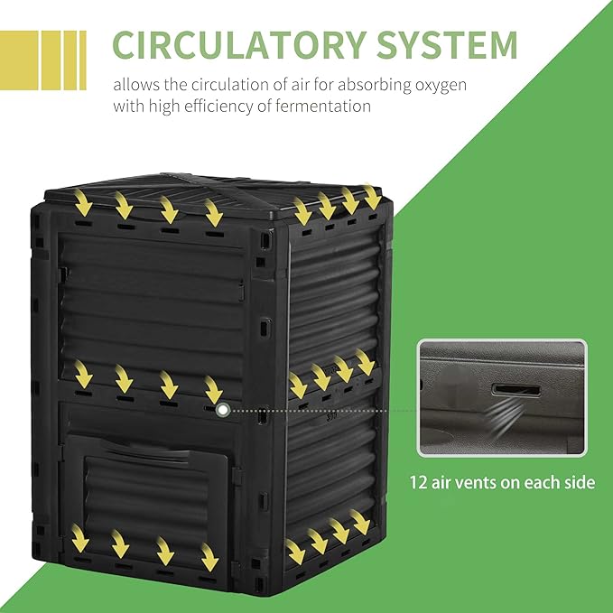 Outsunny Garden Compost Bin 80 Gallon Outdoor Large Capacity Composter Fast Create Fertile Soil Aerating Box, Easy Assembly, Black