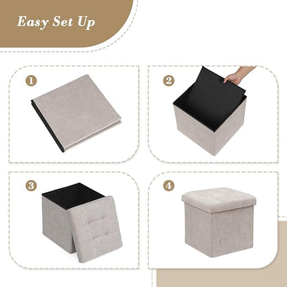 Athena Collection 15" Storage Ottoman Bench Folding Bench with 40L Hidden Storage, Small Cube Ottoman Linen Foot Rest Stool Chest with Flipping Lid for Living Room, Bedroom, Entryway, Sandy Beige