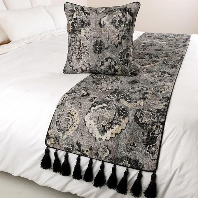The HomeCentric Luxury Black & Grey Full 68 x 18 inch Bed Runner Without Pillow Cover, Velvet Damask with Tassels Bed Scarf, Abstract Modern - Paved Damask