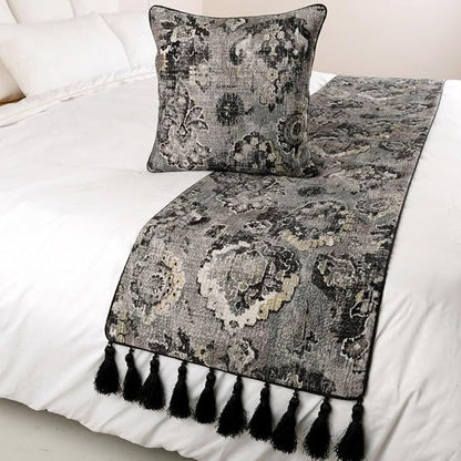 The HomeCentric Luxury Black & Grey Full 68 x 18 inch Bed Runner Without Pillow Cover, Velvet Damask with Tassels Bed Scarf, Abstract Modern - Paved Damask