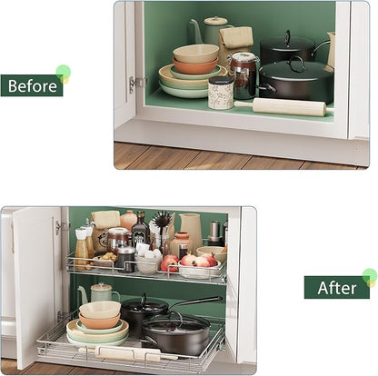 LOVMOR 2 Tier Individual Pull Out Cabinet Organizer 27" W x 21½" D, Slide Out Kitchen Cabinet Storage Sliding Shelves