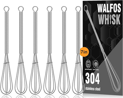 Walfos Mini Whisks Stainless Steel 6pcs; 7" - Small Whisk for Whisking, Beating Eggs, Mixing Sauces, Blending Ingredients