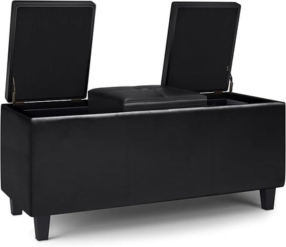 SIMPLIHOME Avalon 42 inch Wide Contemporary Rectangle Tray Storage Ottoman with Lift Up Lids in Midnight Black Vegan Faux Leather, Assembled, for the Living Room, Entryway and Family Room