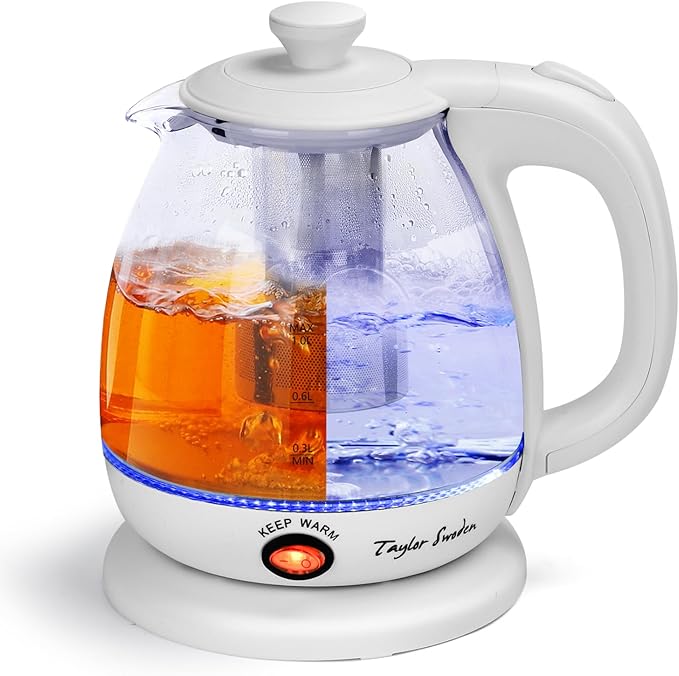 Taylor Swoden Electric Kettle with Tea Infuser, 1L Small Electric Tea Kettle with Keep Warm, LED Light Hot Water Boiler & Heater for Coffee & Tea, Auto Shut-Off & Boil Dry Protection, BPA Free, White