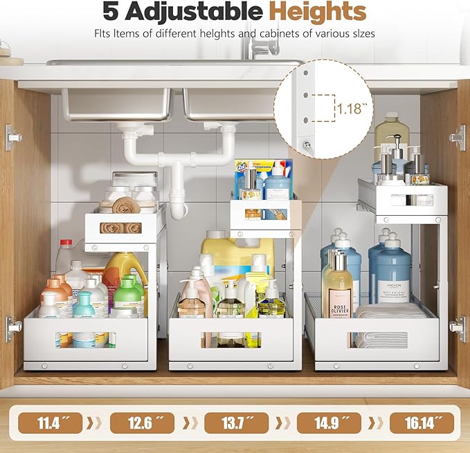 2 Pack 19IN Depth Under Sink Storage Organizer, Large 2-Tier Elegant Mesh Pull Out Shelf for Kitchen and Bathroom Cabinet Organization, L-Shaped and Adjustable Height Design-White