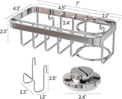 TAILI 4-in-1 Sponge Holder for Kitchen Sink with Strong Suction Cup Removable, Rustproof Aluminum Sink Caddy for Sponge, Brush, Scrubber, Scraper -Silver