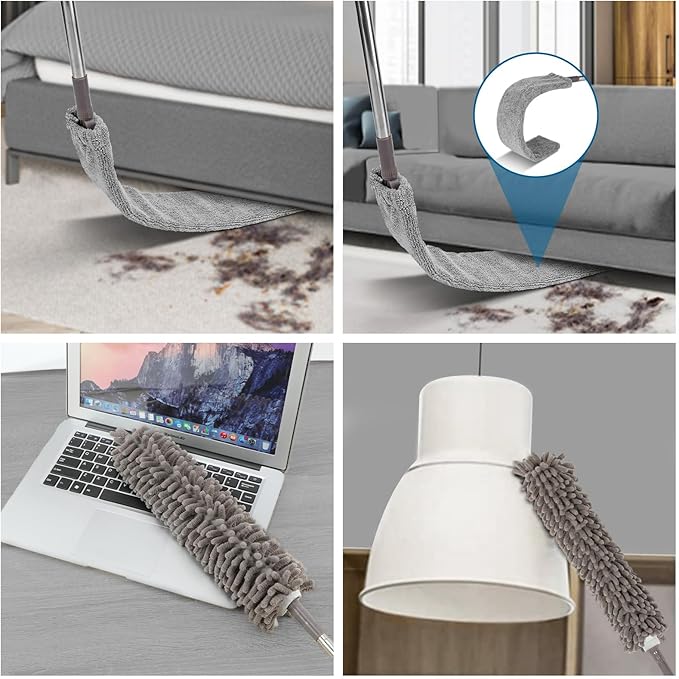 Microfiber Duster, 4PCS with Extension Pole(Stainless Steel) 30 to 100 Inches, Reusable Bendable Dusters, Washable Lightweight Dusters for Cleaning Ceiling Fan, High Ceiling, Blinds, Furniture, Cars