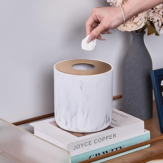 White Marble Textural Mini Trash Can with Rose Gold Stainless Steel Lid, Small Countertop Trash Can for Bathroom Kitchen,Desk Trash Can,Table top Mini Garbage Cans,Resin Tiny Waste Basket for Vanity