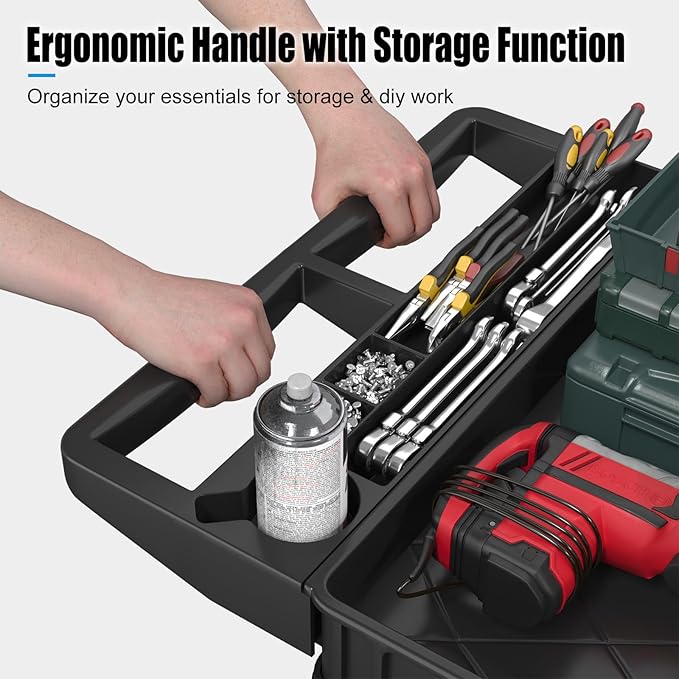 2 Tier Plastic Rolling Cart Utility Cart on Wheels, Heavy Duty Tool Carts with Ergonomic Storage Handle and Deep Shelfs, Work Cart Service Carts for Garage, Warehouse, Workshop, Office, Cleaning