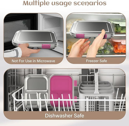 Stainless Steel Bento Box Kids, 3 Compartments Leak Proof Metal Bento Lunch Box, 304 Stainless Steel Bento Lunch Containers for School and Office,Dishwasher Safe, BPA-Free-Pink