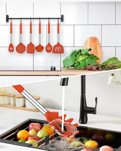 Silicone Cooking Utensil Set, 8Pcs Non-stick Cookware with Stainless Steel Handle, BPA Free Heat Resistant Kitchen Tools with Spatulas, Turners, Spoons, Skimmer and Pasta Fork (RED)