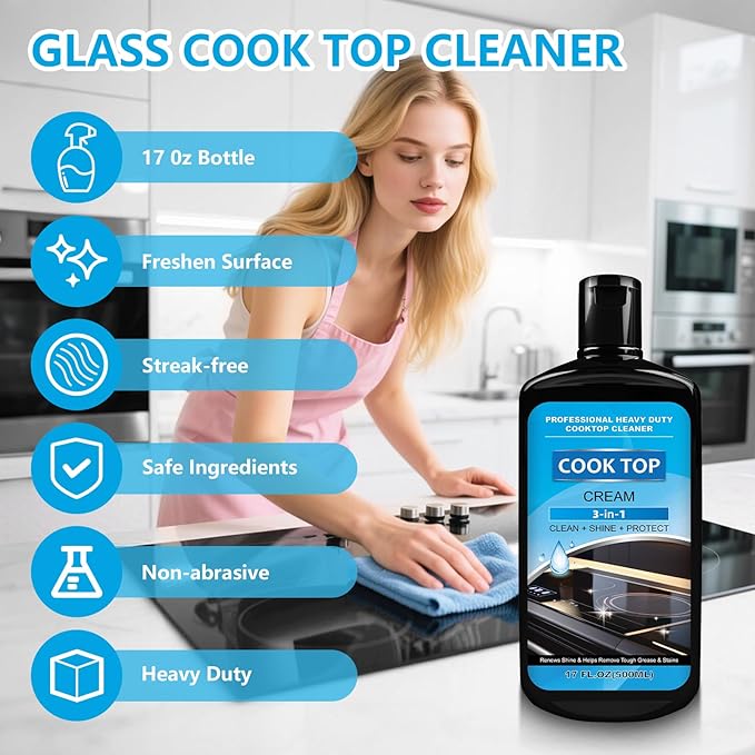 Cooktop and Stove Top Cleaner Kit, Glass Cooktop Cleaner Combo Kit with Razor, Scraper, Scrubbing Pad Removes Tough Stains, Stovetop Cleaner for Glass and Ceramic Surfaces，34OZ