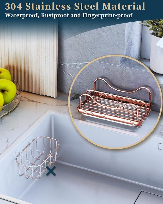 Consumest Sponge Holder for Kitchen Sink - Movable Sink Caddy for Countertop Organizer, 304 Stainless Steel Sponge Holder with Detachable Drip Tray for Kitchen Accessories, Rose Gold