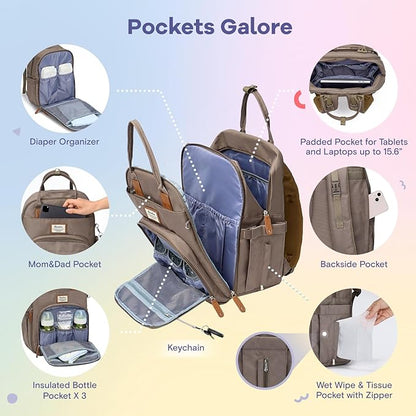 RUVALINO Diaper Bag Backpack, Multifunction Travel Pack Maternity Baby Changing Bags, Large Capacity, Waterproof, Khaki