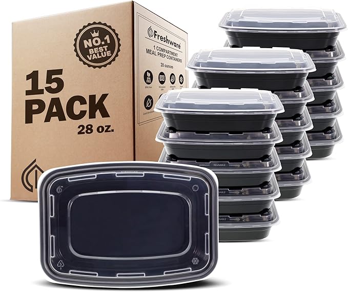 Freshware Meal Prep Containers [15 Pack] 1 Compartment Food Storage Containers with Lids, Bento Box, BPA Free, Stackable, Microwave/Dishwasher/Freezer Safe (28 oz)