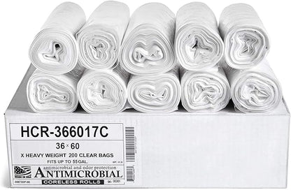 Aluf Plastics High Density Trash Bags, 55 Gallon, 200 Count, 17 Micron (eq), 36" x 60", Clear, for Bathroom, Office, Industrial, Commercial, Janitorial, Municipal, Recycling