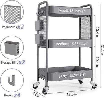 TOOLF 3 Tier Rolling Cart Storage Organizer, Metal Rolling Utility Cart with Wheels, Hooks & Bins Esthetician Craft Art Sturdy Storage with Pegboard for Bathroom, Kitchen, Office, Nursery Diaper