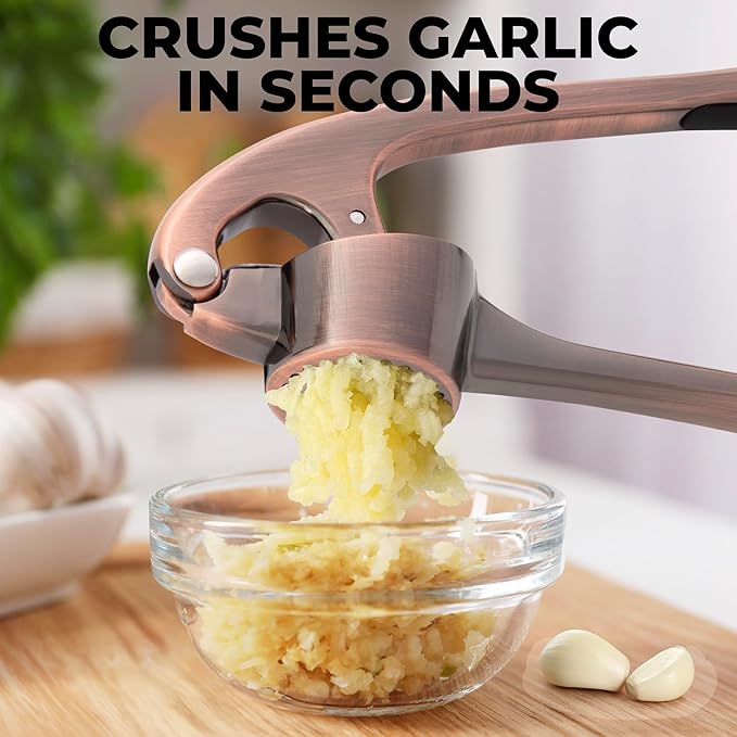 Zulay Kitchen Large Premium Garlic Press Set - Bigger Bowl for Bigger Garlic - Rust Proof & Dishwasher Safe Garlic Mincer Tool - Easy-Squeeze, Easy-Clean Silicone Garlic Peeler & Brush (Copper)