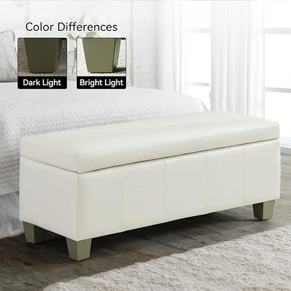51" Faux Leather Storage Ottoman, Stitch Tufted Rectangle Upholstered End of Bed Storage Bench, Entryway Large Couch Ottoman with Wooden Legs,White