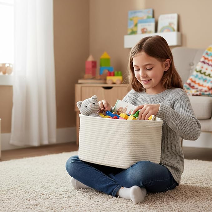 Cotton Rope Storage Basket 15"x10"x9" – Fabric Storage Bins for Organizing Clothes,Toys,Blankets – Durable Woven Storage Basket for Closet, Shelf & Living Room