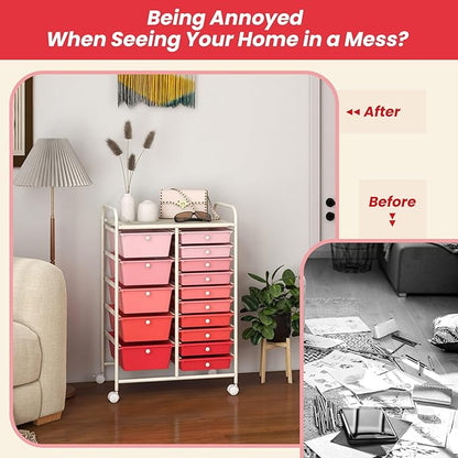 GOFLAME 15-Drawer Rolling Storage Cart, Multipurpose Movable Organizer Cart, Utility Cart for Home, Office, School, Pink