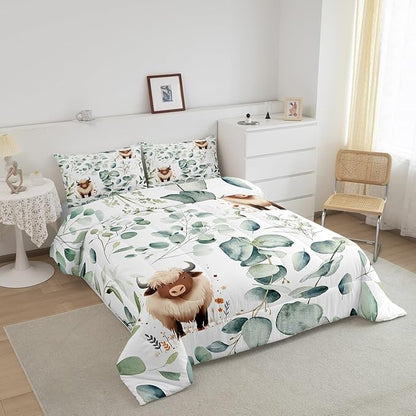 Erosebridal Boys Cartoon Animal Bedding Twin for Kids Toddler Kawaii Cow Comforter Set, Highland Cattle Bull Duvet Insert Western Cowboy Quilt Comforter, Green Eucalyptus Bedding Comforters & Sets