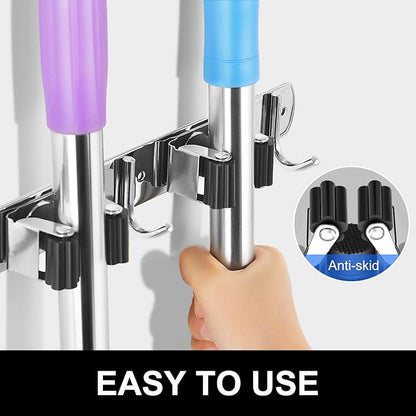 IMILLET Broom and Mop Holder Wall Mounted, Stainless Steel Broom Holder Mop Holder Self Adhesive Heavy Duty Hooks Storage Organizer for Home Laundry Room Garden Garage（3 Racks with 4 Hooks）