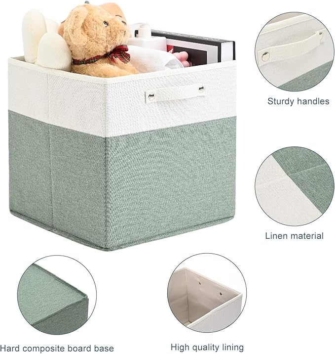 13 x 13 Inch Fine Linen Storage Bins with Handles，Fabric Cube Boxs，Collapsible Basket Organizers for Shelves for Home, Closet Drawers (White/Green-6 Pack)