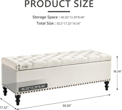 Storage Ottoman 50.2 Inches Upholstered Fabric Storage Ottoman Bench，Button Tufted Ottoman with Storage for Living Room，Bedroom End of Bed Bench Withstands 304lbs