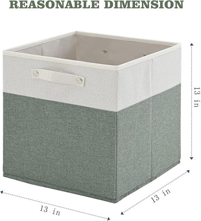 13 x 13 Inch Fine Linen Storage Bins with Handles，Fabric Cube Boxs，Collapsible Basket Organizers for Shelves for Home, Closet Drawers (White/Green-6 Pack)