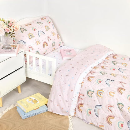 Toddler Bedding Set for Girls, 4 Piece Toddler Girl Bedding Set, Super Soft & Lightweight Pink Toddler Comforter Set Includes Comforter, Flat Sheet, Fitted Sheet, Pillowcase (Rainbow)