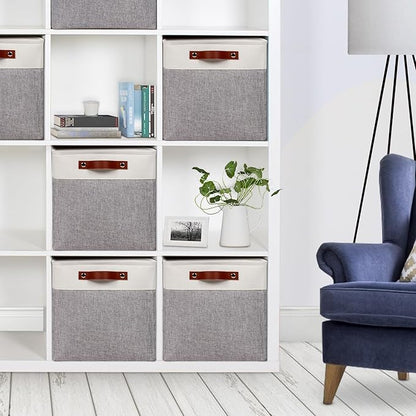 Univivi 10.5 Inch Fabric Cube Bins with Hard Bottom, 4 Pack Storage Baskets with PU Handles for Shelves Closet Foldable Storage Bins for Organizing (Gray,10.5" x 10.5" x 11")