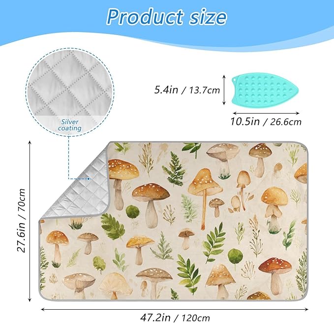Ironing Mat Portable Ironing Pad Ironing Blanket for Table Top Heat Resistance Double-Side Using Travel Large 47.2 x 27.6 Inch Foldable Lightweight Watercolor Mushrooms Beige