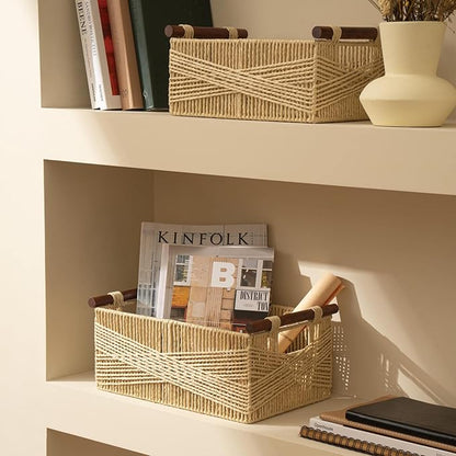 LA JOLIE MUSE Wicker Storage Baskets for Organizing, Recyclable Paper Rope Basket with Wood Handles, Decorative Hand Woven Basket Organizers for Makeup Books Shelves Living Room, Beige, Set of 2