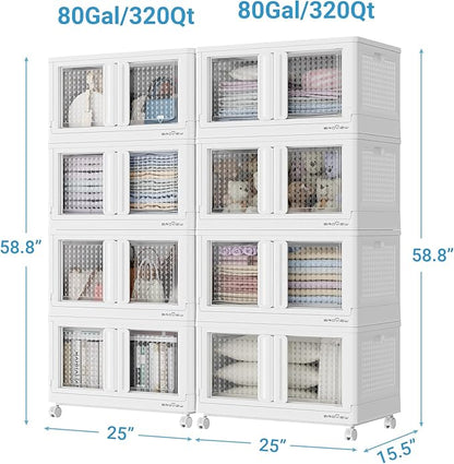 BROVIEW 160Gal Stackable Storage Bins with Lids & Wheels, 640Qt Plastic Collapsible Closet Organizer and Storage Drawers, Storage Boxes Cabinets for Home, Office, 8 Pack, White