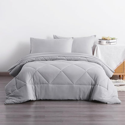 NTBAY Twin Comforter Set with Sheets, 5 Pieces Soft and Breathable Twin Bedding Set, Twin Bed in a Bag, Down Alternative Comforter Set Solid Color All Season, Kids Bedding Set, Light Grey