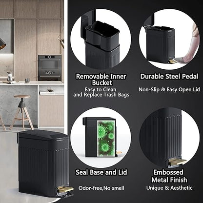 CEROELDA Small Bathroom Trash Can with Lid Soft Close-5L/1.3 Gal Slim Garbage Can-Metal Step Wastebasket-Rectangle Narrow Waste Bin for Office, Bedroom, Toilet, Live Room (Embossed-Black)
