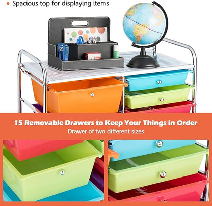 GOFLAME 15-Drawer Rolling Storage Cart, Multipurpose Movable Organizer, Utility Cart for Home, Office, School, Multicolored